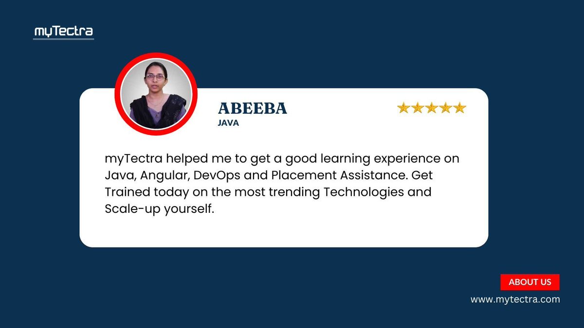 mytectra's tweet image. Abeeba’s Journey Through Java Training at myTectra — From Core Skills to Career Success! 🚀
📞 Call Now: +91 8047112411
🌐 Learn More: mytectra.com/java-j2ee-trai…
#JavaTraining #myTectra #FullStackJava #BackendDevelopment #CodeWithJava #myTectraReviews #JavaProgrammer