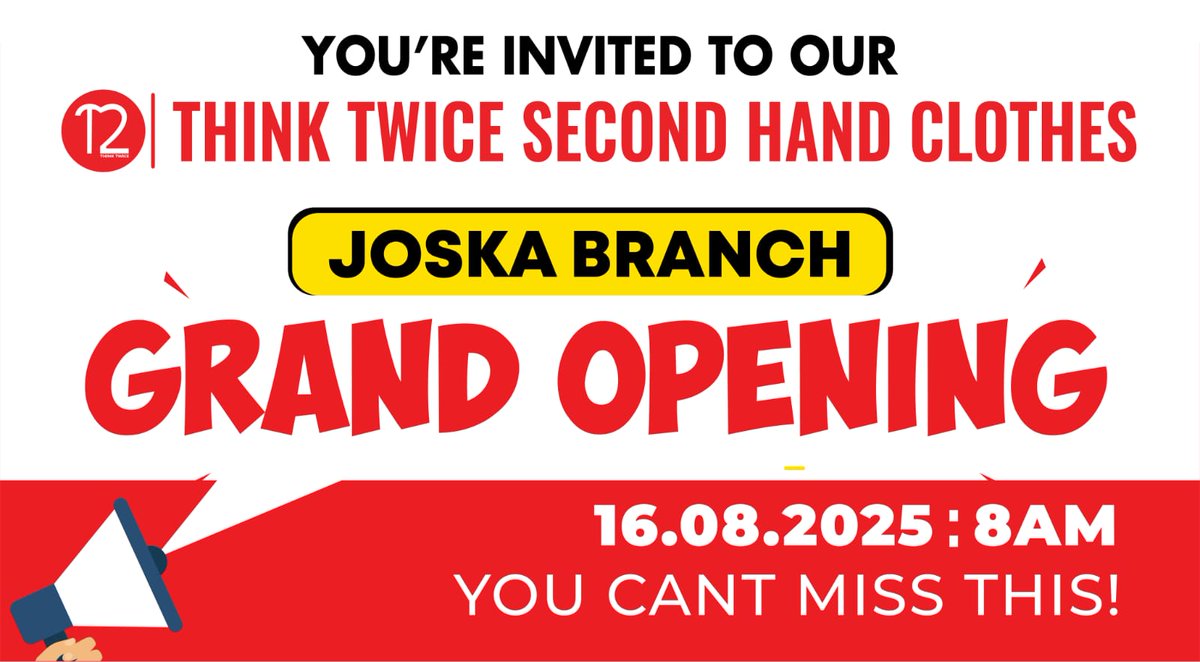 ThinkTwiceKenya's tweet photo. Grand Opening! π Come celebrate with us at Think Twice Joska this Saturday (16th August 2025) from 8 am to 9 pm.
π We are located at Woodville Center, 1st Floor, near Quickmart Joska.
See you soon π₯³
#ThinkTwiceKenya #ThinkTwiceJoska #DefineYourStyle https://t.co/vWQ1Q2n6HG