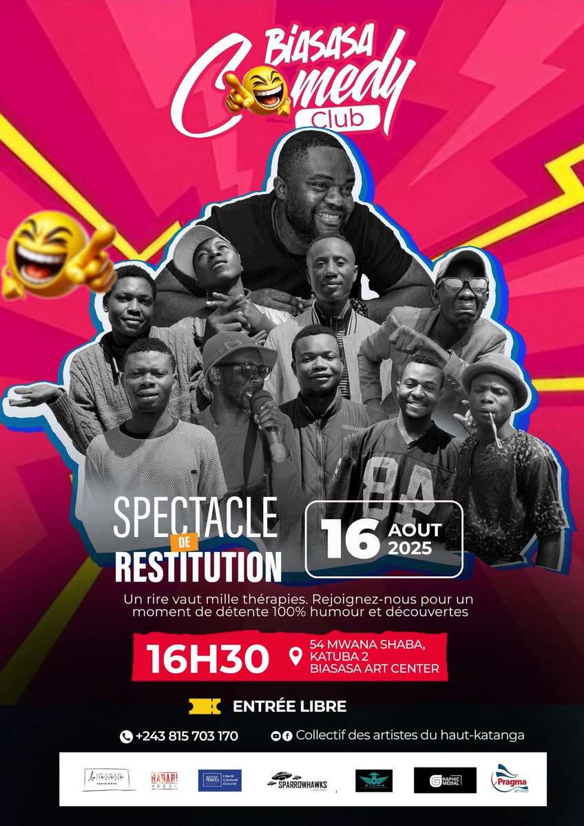 KishangaNetwork's tweet photo. SPECTACLE DE RESTITUTION🤩

📅 Samedi 16 août 2025
🕓 16h
📍 CA Biasasa,
N° 54, Av. Mwana Shaba, Q/Bana Katanga, C/Katuba
✅ENTRÉE : GRATUITE https://t.co/lsxR6PVbP3