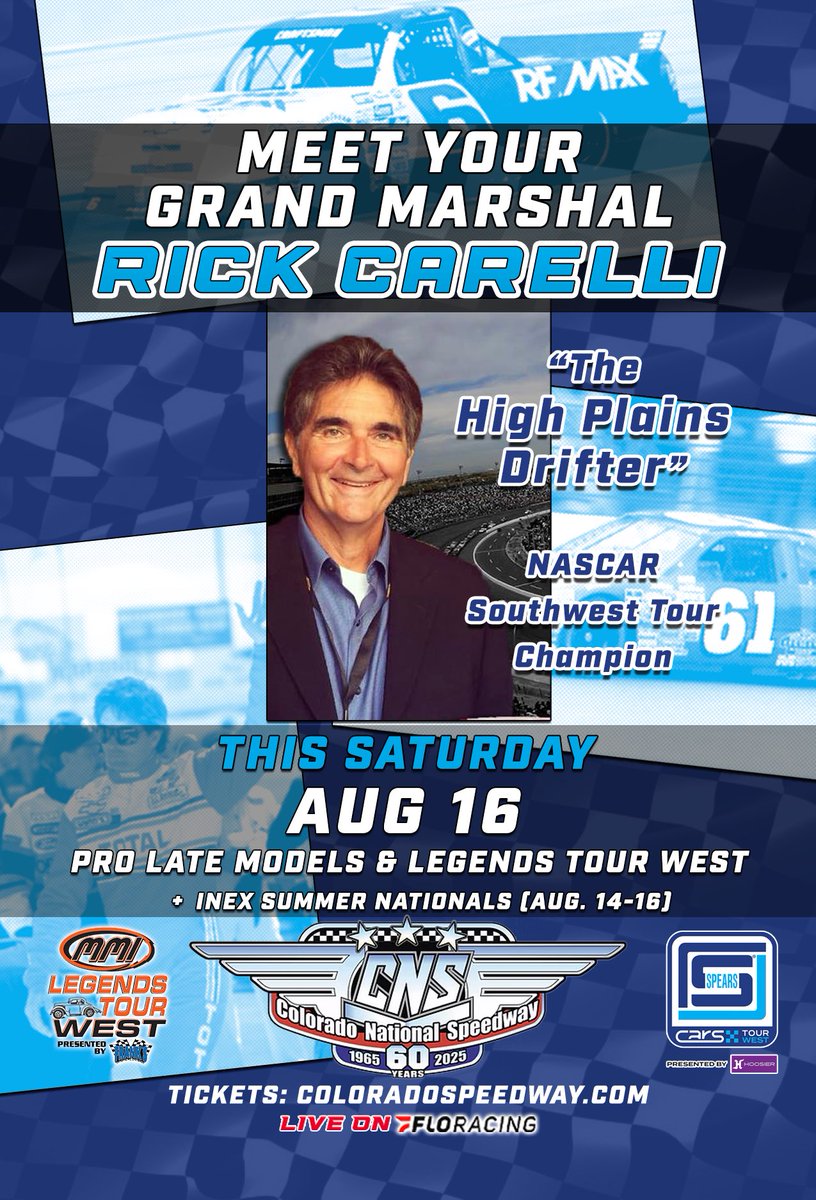 Meet your Grand Marshal for our upcoming race at Colorado National Speedway this Saturday, Aug. 16–“The High Plains Drifter,” Rick Carelli! 

See the NASCAR Southwest Tour Champion during opening ceremonies before the green flag drops!