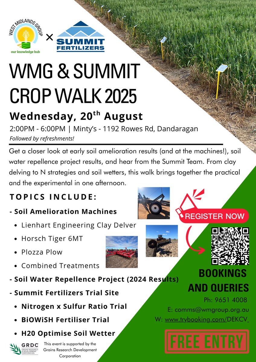 West Midlands Group (@wmg_wa) on Twitter photo See how 2025 trials are tracking at the WMG & Summit Crop Walk – Wed 20 Aug, Dandaragan.
• Mid-season crop observations
• Fertiliser & water repellence trials
• Discuss results with researchers & local growers
🕑 2–6PM | Free entry
🔗 Register: trybooking.com/DEKCV See how 2025 trials are tracking at the WMG & Summit Crop Walk – Wed 20 Aug, Dandaragan.
• Mid-season crop observations
• Fertiliser & water repellence trials
• Discuss results with researchers & local growers
🕑 2–6PM | Free entry
🔗 Register: trybooking.com/DEKCV