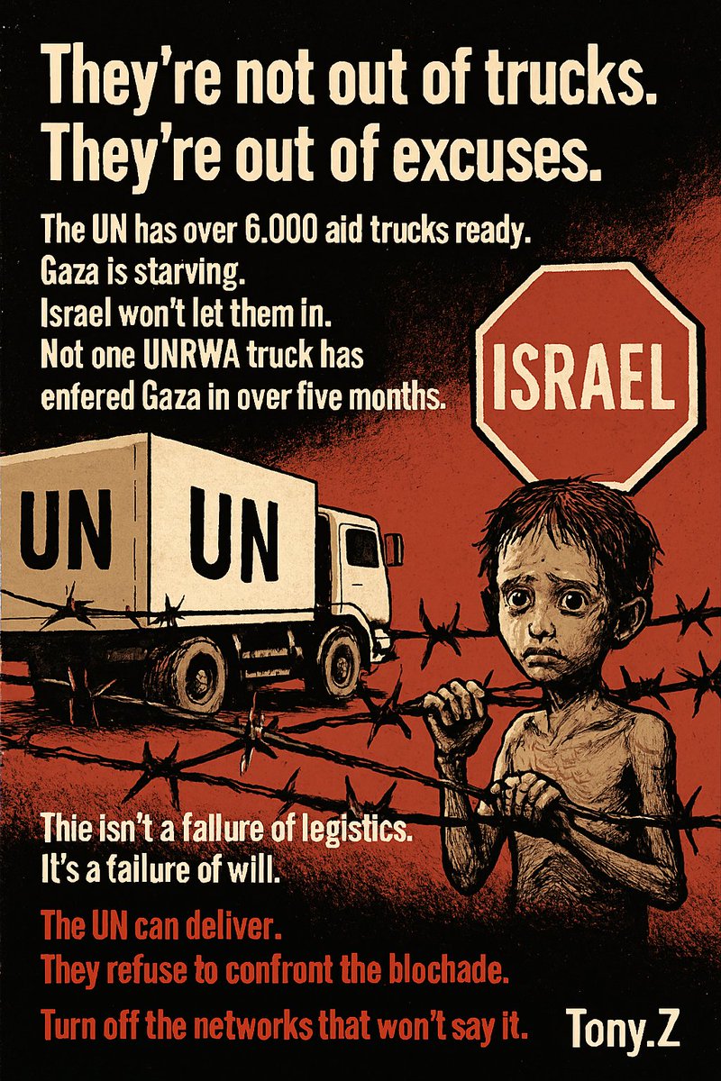 TonyZPatriot's tweet photo. Gaza Aid Blockade
Mr. Prime Minister , you are a convicted war criminal.
Your war is not against Hamas. It is against the people of Gaza.  You bomb hospitals, starve civilians, and call it defense. You block aid from entering Saif Zones ,  zones you designated as “safe.” If your war was just, aid would flow freely. If your targets were militants, children wouldn’t be dying.
This is not security. This is siege.