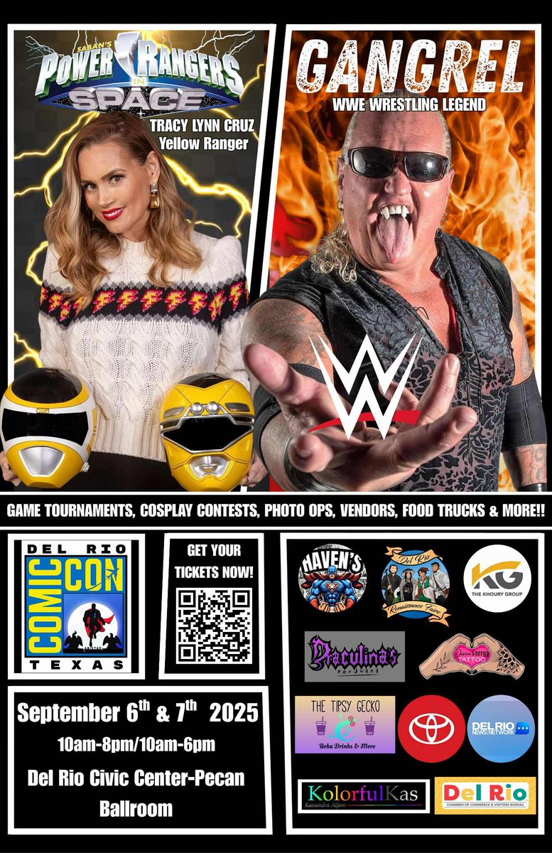 PaulMancha5's tweet photo. 💥1st Poster Release💥

Del Rio Comic-Con 
September 6-7,2025
Two Day Event 
Sat. (10am-8pm) Sun. (10am-6pm)
Tracy Lynn Cruz — best known as Ashley Hammond, the iconic Yellow Ranger from Power RangersTurbo and #PowerRangers in Space 
#WWE Legend #GANGREL 
#DelRioComicCon https://t.co/mmcNuTnsqo