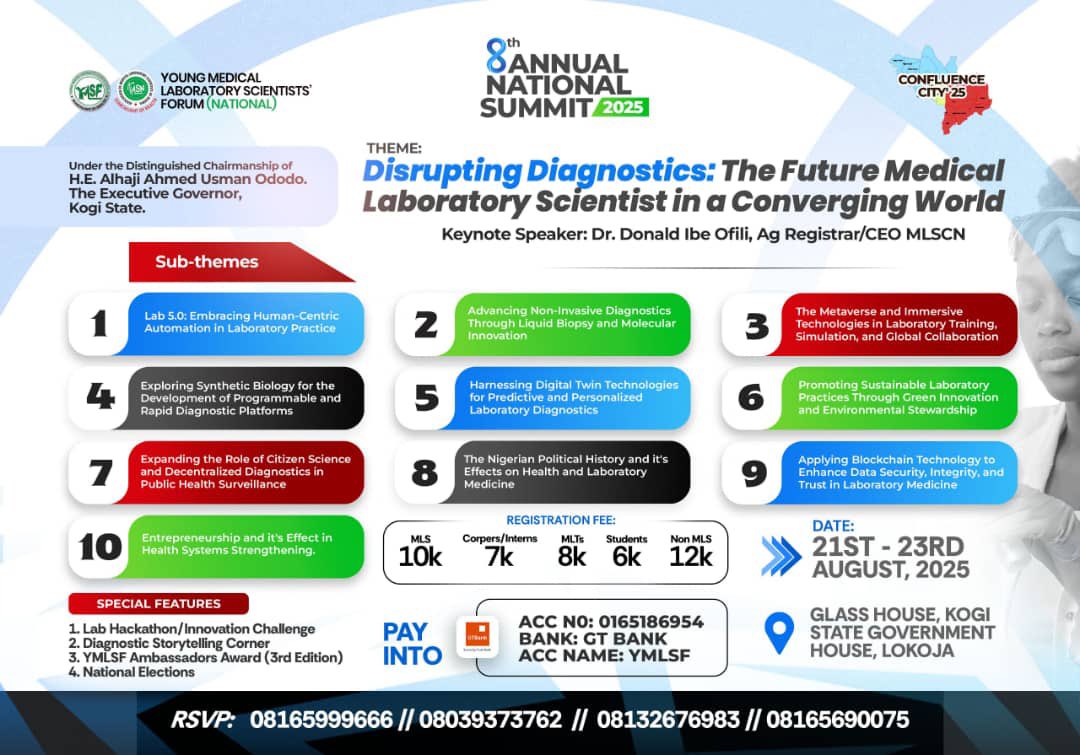 YMLSF National Summit 2025 – Confluence City 🌍

🗳 Elections • Lectures • Networking • Fun

📍 Lokoja, Kogi State

Pay: GTBank 0165186954 – YMLSF
💰 MLS ₦10k | Interns ₦7k | MLTs ₦8k | Students ₦6k | Others ₦12k