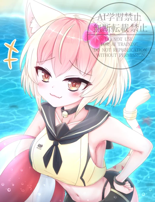 【イラストフリー配布】先月のイラスト配信で描いた「金子みねこ夏衣装」です。表情差分・ウォーターマーク無しはPrivatterで! [1/3] [Free illustration] Illustration of Kaneko Mineko Summer Costume that I drew in last month's illustration Stream. For variations and no watermark, please