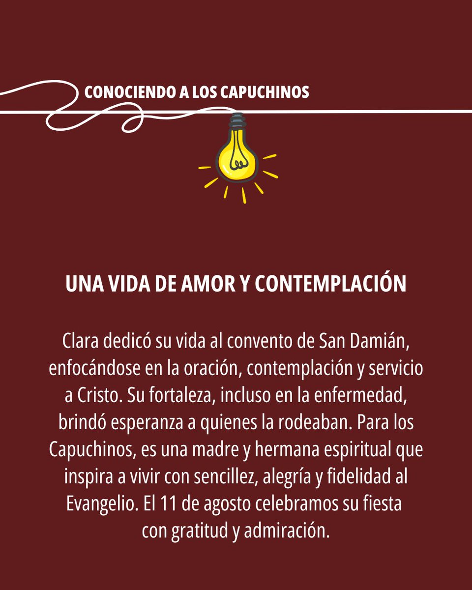 🔶 CONOCIENDO A LOS CAPUCHINOS

🤎 En el día de su fiesta ponemos la mirada en #santaClaradeAsís, figura esencial en la familia franciscana. Fundadora de las Clarisas, hermana y compañera de san Francisco, Clara sigue hoy inspirando un camino de amor pobre, alegre y fiel.