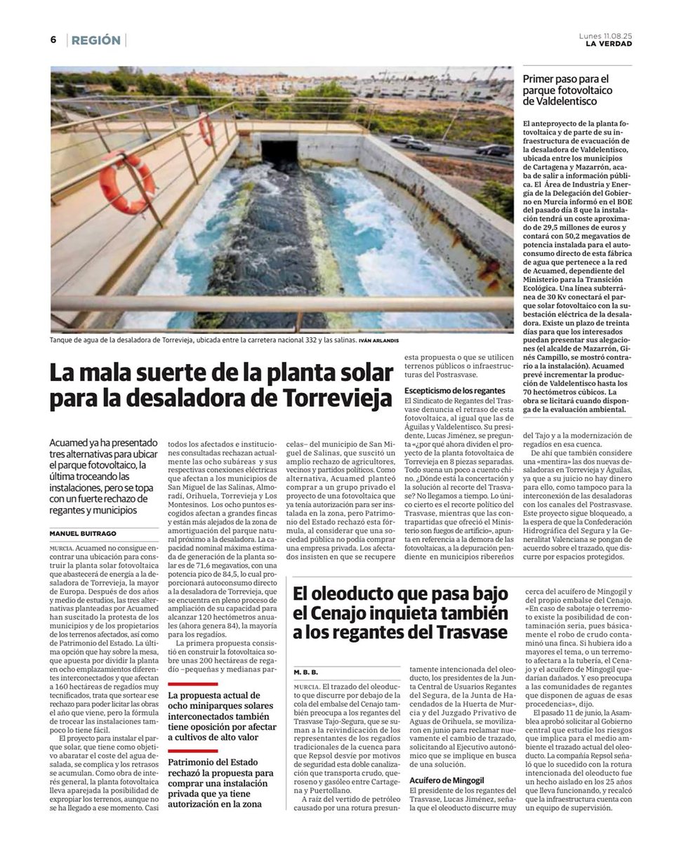 Más problemas y retrasos para la desalación, la "GRAN SOLUCIÓN" que plantea el Gobierno de España al recorte del Trasvase Tajo-Segura 🤦🏻‍♂🤦🏻‍♂🤦🏻‍♂

Al final no tendremos agua ni de un lado ni de otro y la agricultura del Levante acabará muriendo 😔