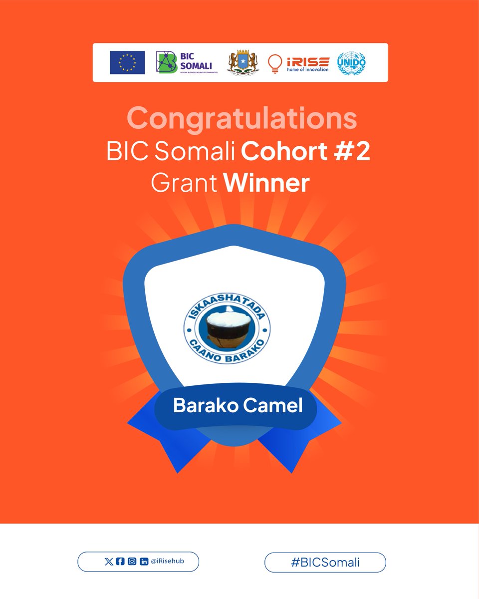 🐪🥛 Congratulations Barako Camel! 🎉
Recipient of the Equipment Grant under BIC Somali Cohort #2, producing pure, premium-quality camel milk from their facility in Kismayo. ✅

#BICSOMALI