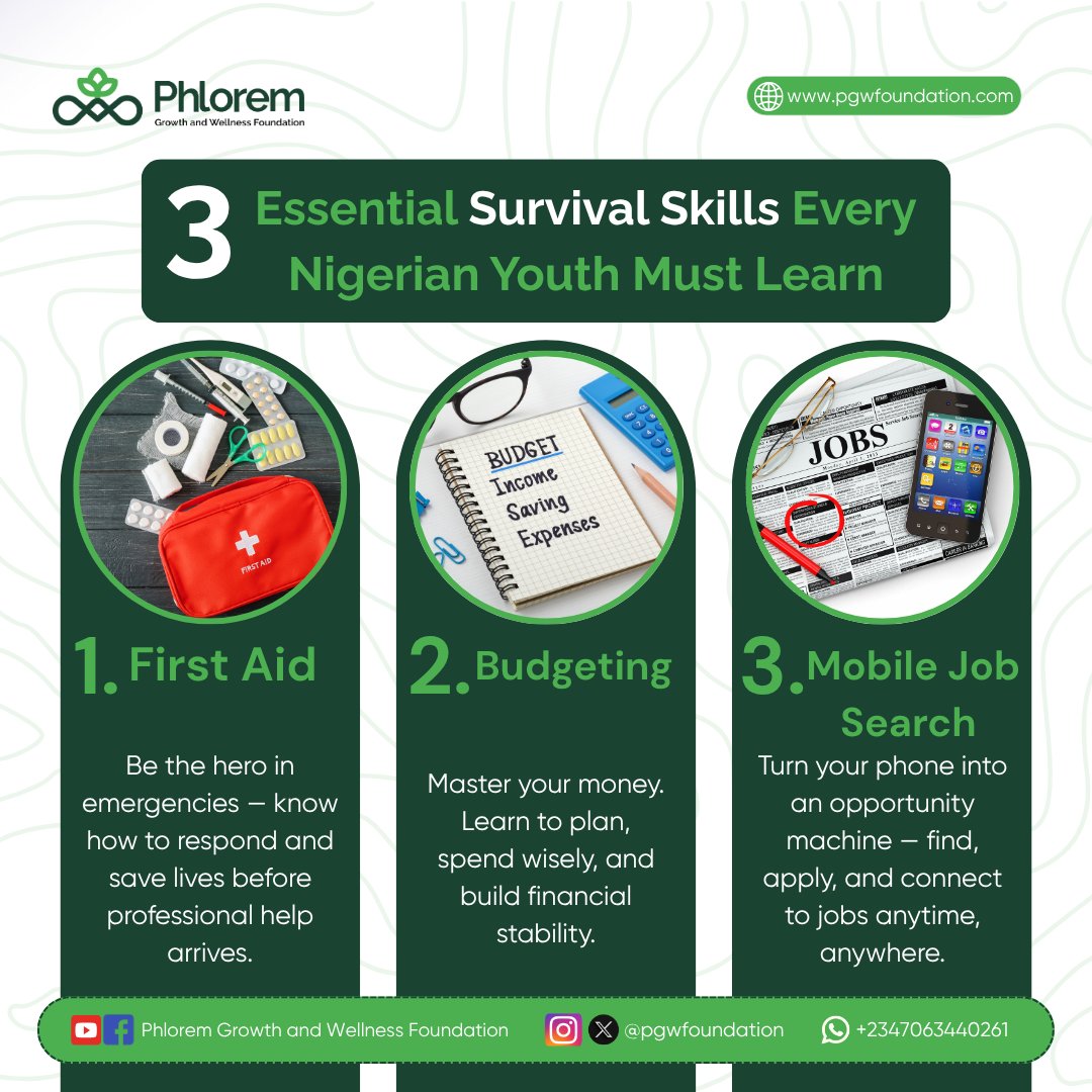 3 skills every Nigerian youth must have:
1️⃣ First Aid
2️⃣ Budgeting
3️⃣ Mobile Job Search
Learn them. Live them. Lead with them. 🚀
#PhloremFoundation #NigeriaYouth #FirstAid #Budgeting #JobSearch #YouthSkills