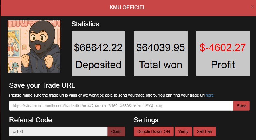 Poste_a_souder's tweet photo. Kmu isn't in the business since yesterday my bro.
Kmu use to gamble alot.

Now gambling and withdrawing the most  ammount possible before loosing it all to giveaway everything back for free to his community, welcome to real jesus channel. 

legends can talk

#cs2 #skins #gambling https://t.co/bhyCV0wcPI