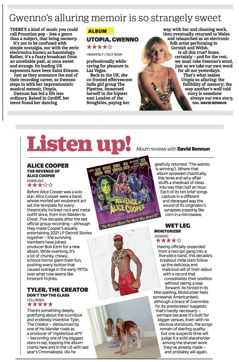 (((David Bennun))) (@davidbennun) on Twitter photo Would you like to know what I wrote in <a href="/MetroUK/">Metro</a> about the new albums by Gwenno, <a href="/alicecooper/">Alice Cooper</a>, <a href="/tylerthecreator/">T</a>, and <a href="/wetlegband/">Wet Leg</a>? If that is what you would like to know, then here is where you can find out. If it is not, then thank you for your attention and please keep scrolling. Would you like to know what I wrote in <a href="/MetroUK/">Metro</a> about the new albums by Gwenno, <a href="/alicecooper/">Alice Cooper</a>, <a href="/tylerthecreator/">T</a>, and <a href="/wetlegband/">Wet Leg</a>? If that is what you would like to know, then here is where you can find out. If it is not, then thank you for your attention and please keep scrolling.