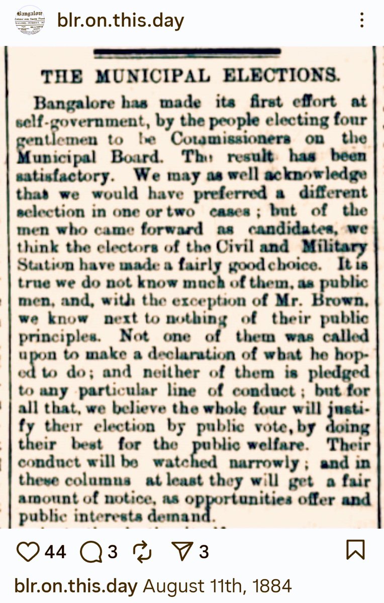 Rajkumar Dugar (@rajdugar) on Twitter photo On this day 141 yrs ago
Blore made its FIRST attempt at SELF-GOVERNMENT by electing 4 Commissioners on the Municipal Board.
Extremely unfortunate that in present age, Govt has FAILED to conduct BBMP Elections since Aug2020, on some pretext or other
<a href="/CMofKarnataka/">CM of Karnataka</a>
<a href="/ceo_karnataka/">Chief Electoral Officer, Karnataka</a> On this day 141 yrs ago
Blore made its FIRST attempt at SELF-GOVERNMENT by electing 4 Commissioners on the Municipal Board.
Extremely unfortunate that in present age, Govt has FAILED to conduct BBMP Elections since Aug2020, on some pretext or other
<a href="/CMofKarnataka/">CM of Karnataka</a>
<a href="/ceo_karnataka/">Chief Electoral Officer, Karnataka</a>