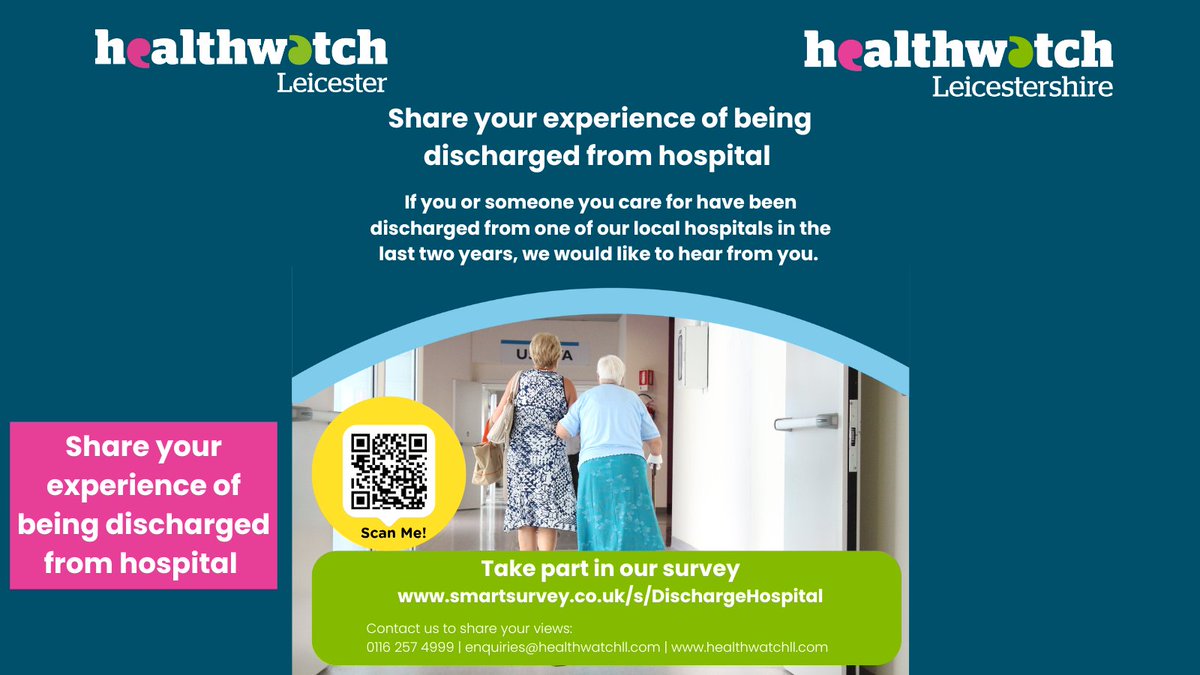 Healthwatch Leicester and Leicestershire (@healthwatchleic) on Twitter photo There's still an opportunity to fill in our hospital discharge survey. If you been discharged from a hospital in Leicester and Leicestershire in the last two years, we'd really like to hear from you.
Scan the QR code or follow the link smartsurvey.co.uk/s/dischargehos… to take part. There's still an opportunity to fill in our hospital discharge survey. If you been discharged from a hospital in Leicester and Leicestershire in the last two years, we'd really like to hear from you.
Scan the QR code or follow the link smartsurvey.co.uk/s/dischargehos… to take part.