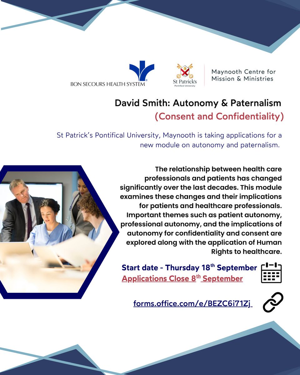 St Patrick's Pontifical University (@stpatsmaynooth) on Twitter photo We are taking applications for new modules in Ethical Leadership & Autonomy and Paternalism.
🔗Click here to apply - forms.office.com/e/BEZC6i71Zj
Applications close 8th September. Have a query? Contact cmmadmissions@spcm.ie / 01 708 4778. We are taking applications for new modules in Ethical Leadership & Autonomy and Paternalism.
🔗Click here to apply - forms.office.com/e/BEZC6i71Zj
Applications close 8th September. Have a query? Contact cmmadmissions@spcm.ie / 01 708 4778.