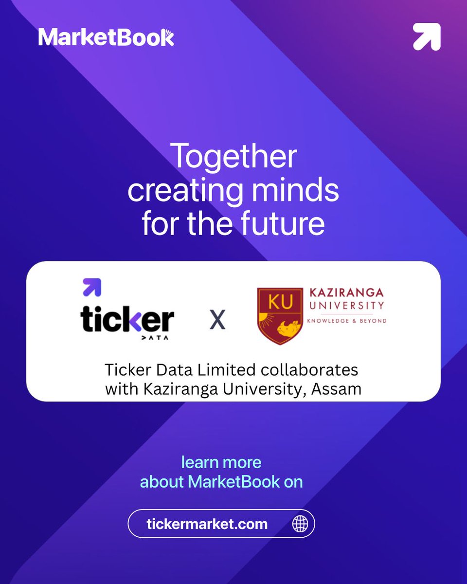 Tickermarket's tweet photo. Ticker Data collaborates with @KazirangaUniv 
MarketBook - The Choice for B-School Students
Contact Us: marketbook@tickermarket.com

#Collaboration #MarketBook #TickerDataLimited #Ticker #CreatingMindsOfFuture https://t.co/OY6O6swnI6