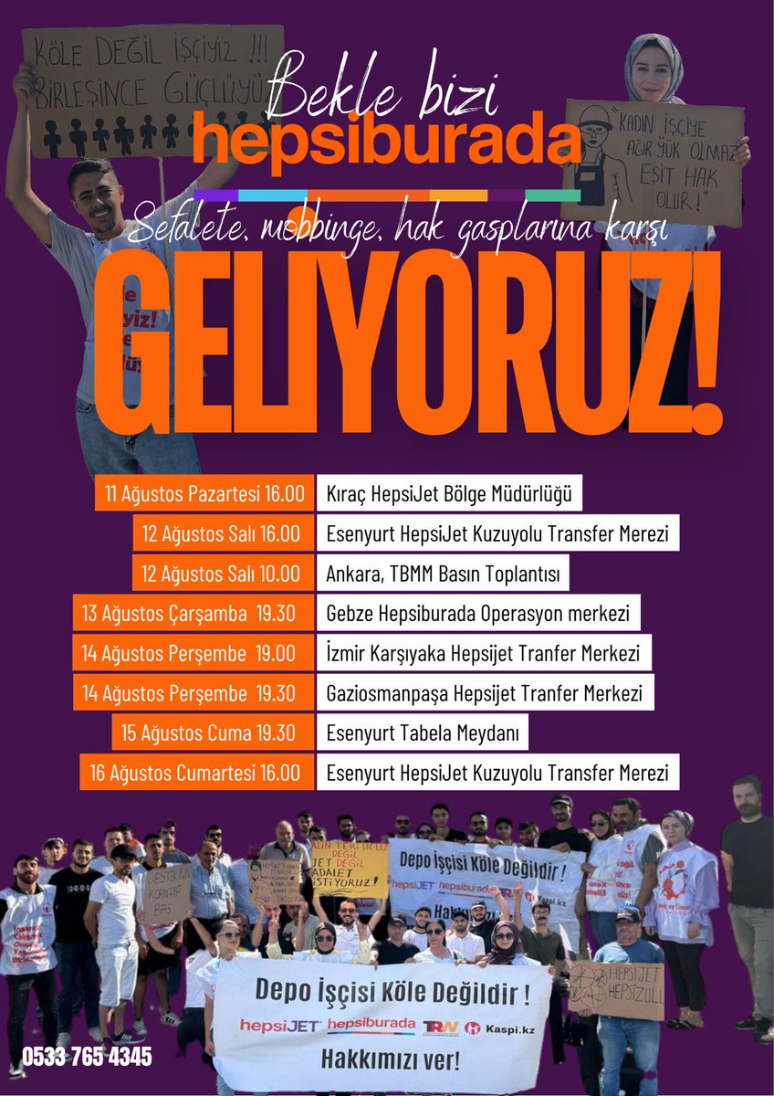 Sefalete, mobbinge ve hak gasplarına karşı direnen işçiler, eylemlerine devam ediyor. 

<a href="/HepsiJetisci/">Hepsijet Direnişçileri .</a>

#GeliyoruzHepsiburada
#HepsiJetHaklarıVer