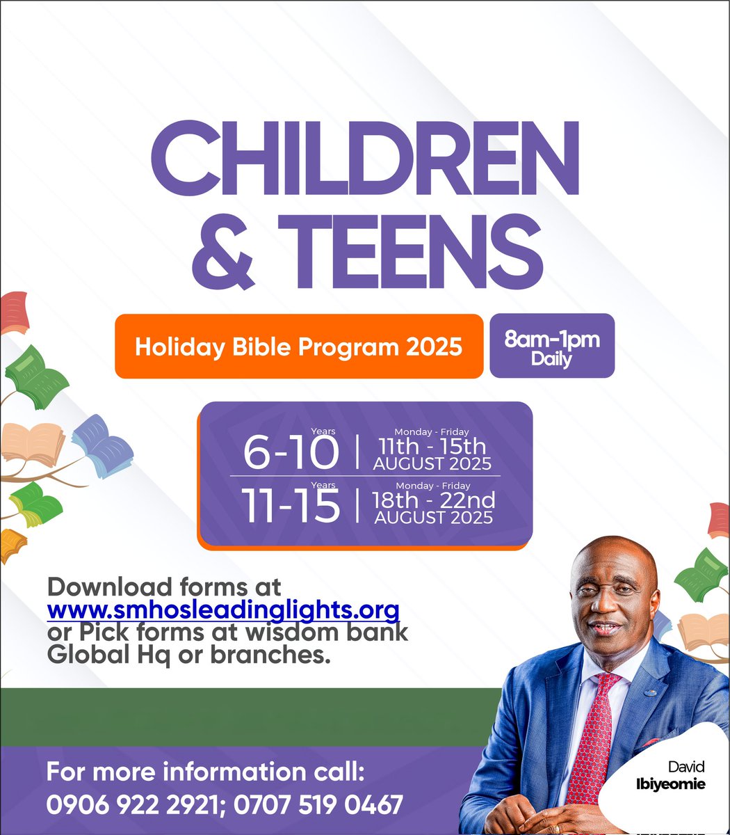 smhosglobal's tweet photo. Get ready for the Holiday Bible Program 2025 for Children &amp; Teens!
Ages 6–10: August 11th–15th
Ages 11–15: August 18th–22nd
⏰ 8am–1pm daily

Register now at https://t.co/jcCNVJdLu8 or pick up forms at any Wisdom Bank branch.

#SMHOS #smhosglobal https://t.co/aiLSEWpAbD