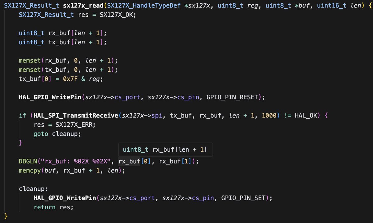 i'm writing a library to interface with the rfm95 (basically a sx127x). i can't figure out how to read data over spi. it keeps timing out

pls somebody help