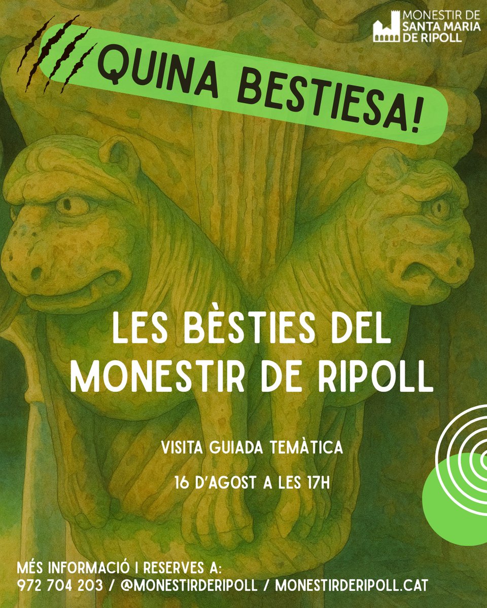 ⚜️ TERRITORI OLIBA 25 | Quina Bestiesa! Les bèsties del Monestir de Ripoll
Descobreix dracs, sirenes i altres criatures fantàstiques amagades a la pedra del monestir en una visita guiada per a tota la família.
📅 Dissabte 16 agost | 17:00 h
ℹ️ casesdoliba.cat/agenda/quina-b…