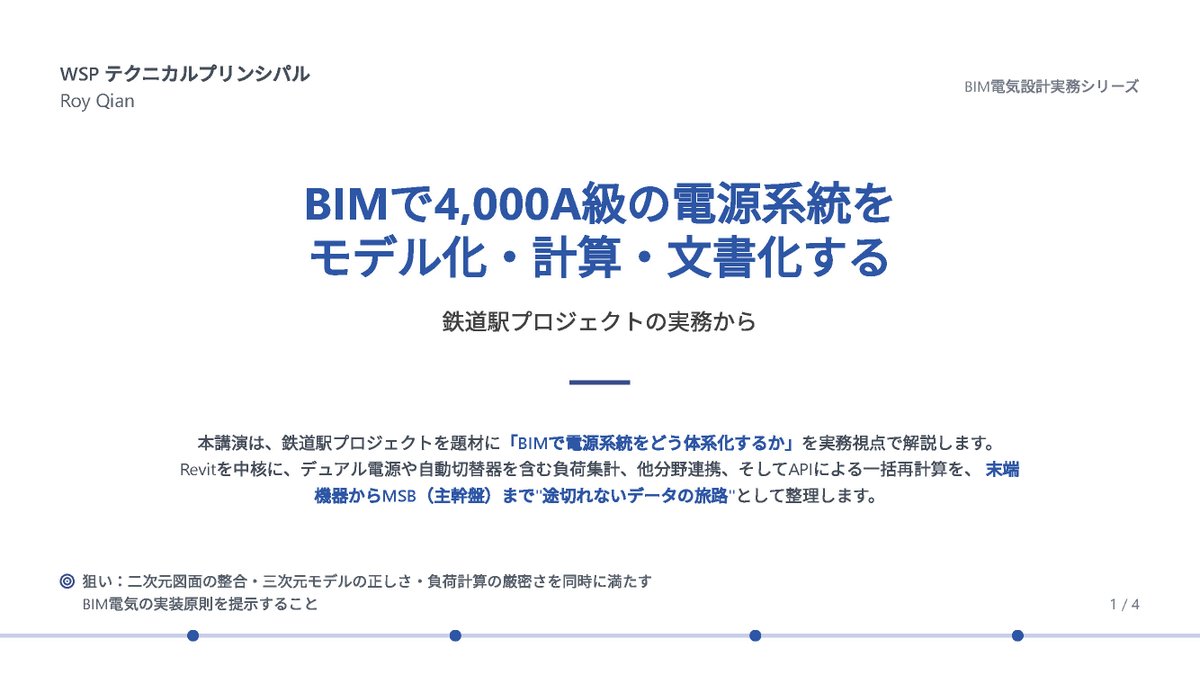 BIMworkJP's tweet photo. BIM for 4,000 Amps: Electrical Modeling and Calculation Case Studies
(4000アンペアを扱うBIM：電気モデリングと計算事例)

Revitで高容量電気負荷を計算・モデリングした複数事例を解説。事例が少ない電気設計の事例です。#AU2024 https://t.co/DEDRWhXRfg
