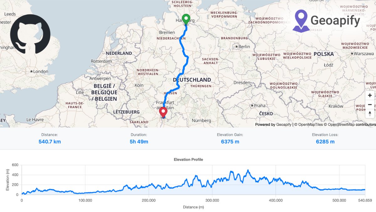 Visualize elevation profiles with Chart.js 📈

This code sample shows how to:
 • Use Geoapify Routing API for routes + elevation data
 • Render interactive maps with MapLibre GL
 • Display elevation gain/loss in a dynamic chart

Code 👉 github.com/geoapify/maps-…

#frontend