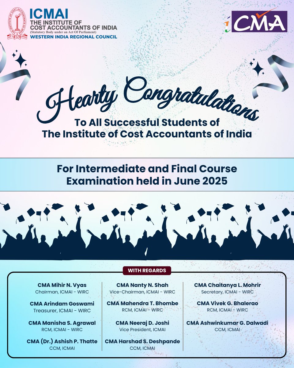 icmaiwirc's tweet photo. ๐ Congratulations to all CMA students who cleared the June 2025 Intermediate & Final Exams! ๐
Your hard work & dedication inspire the future of our profession. ๐
#icmai #wirc #cmaindia #cmapride #successstories #june2025results #cmacommunityAsk ChatGPT https://t.co/GOFsrdZvXI