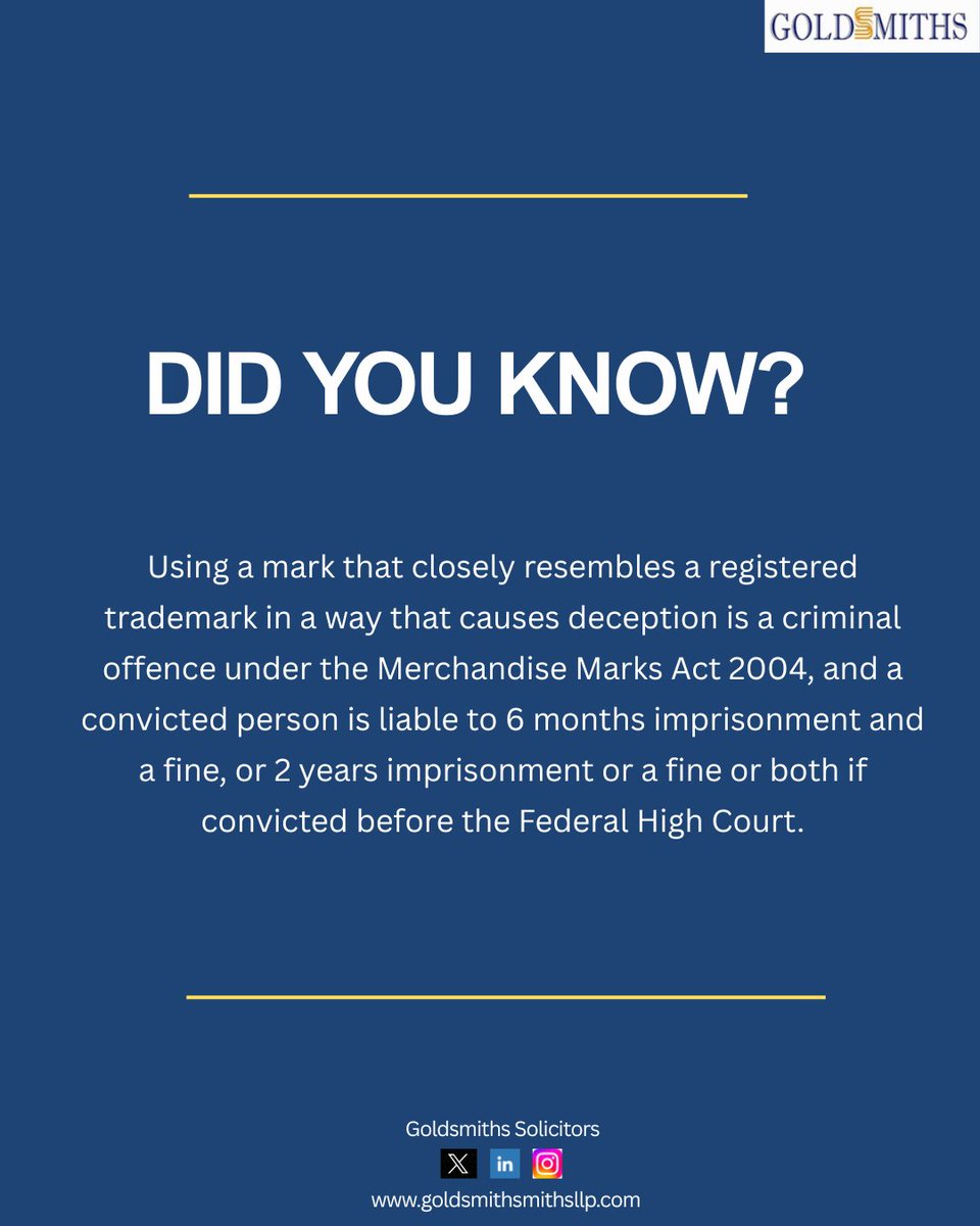 GoldsmithsLLP's tweet photo. TitBits Monday
#TrademarkInfringement #IntellectualProperty #CriminalLiability #IPEnforcement #DidYouKnow https://t.co/Un2d89SA0A