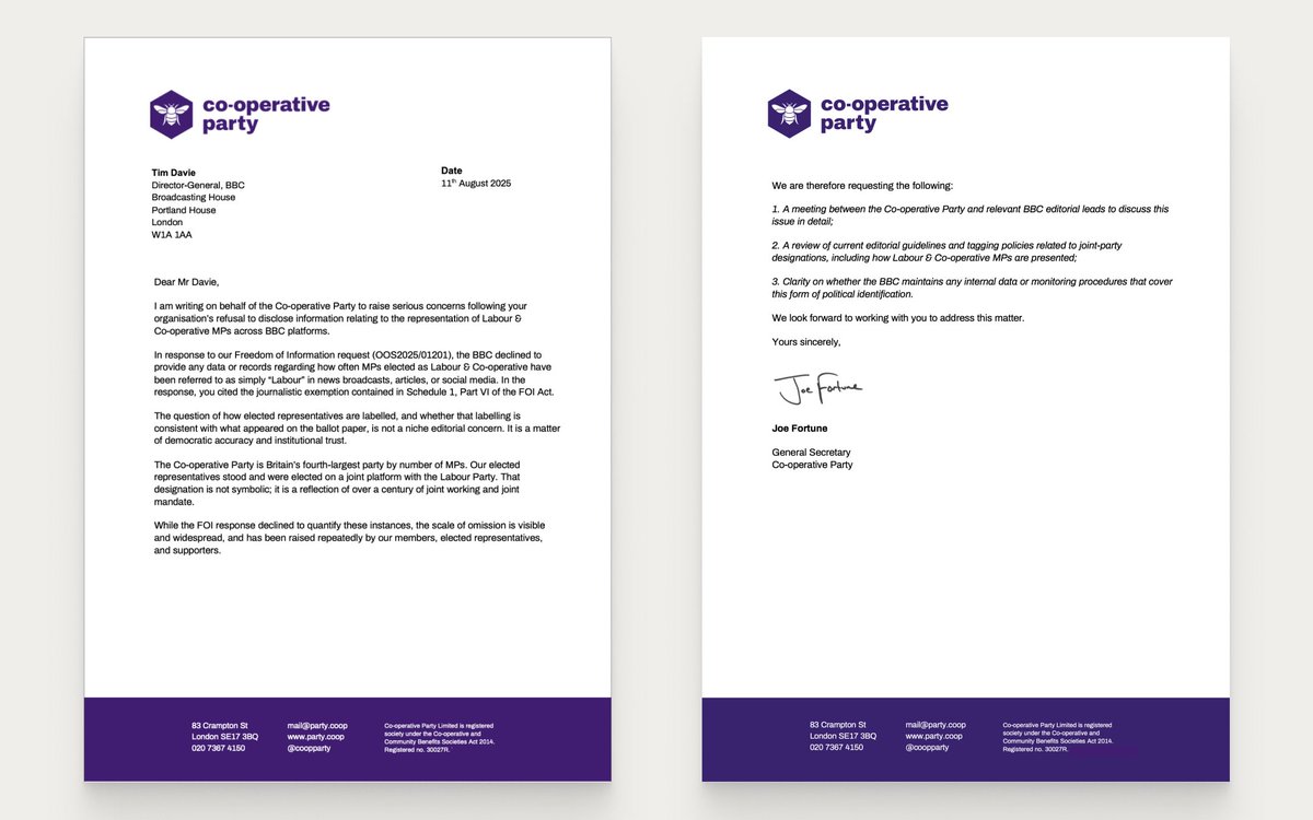 🚨 NEW: The Co-operative Party is Britain’s fourth-largest party in Parliament.

But in BBC output, our representatives are often labelled simply as “Labour”.

We asked how often this happens, but the BBC refused to say.

Today, we’re asking for answers.