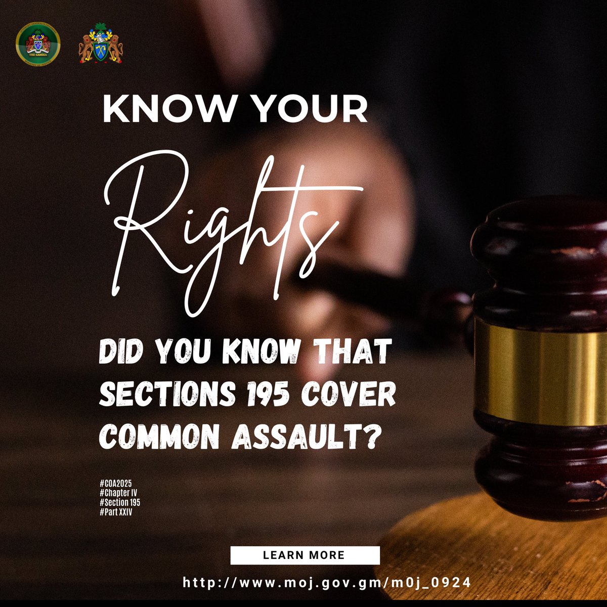 Under the COA 2025, a person who unlawfully assaults another commits a misdemeanour, and is liable on conviction to imprisonment for one year, unless the assault is committed in circumstances for which a greater punishment is provided in this Act.
#KnowTheLaw #GambiaLaw #COA2025