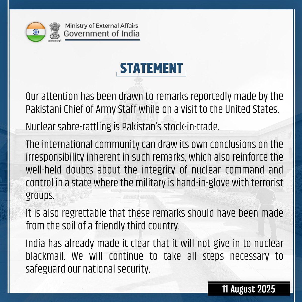 DD News (@ddnewslive) on Twitter photo Statement by <a href="/MEAIndia/">Randhir Jaiswal</a>'s official spokesperson on remarks reportedly made by the #Pakistani Chief of Army Staff during a visit to the #UnitedStates. Statement by <a href="/MEAIndia/">Randhir Jaiswal</a>'s official spokesperson on remarks reportedly made by the #Pakistani Chief of Army Staff during a visit to the #UnitedStates.