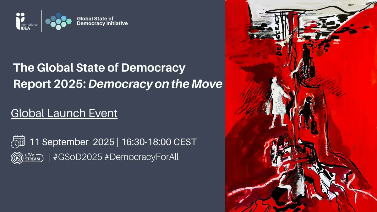 📅 1 month to go! On 11 Sept, we launch the 2025 Global State of Democracy Report: Democracy on the Move, exploring global democratic performance &amp; how migration shapes democracy, from voting rights to inclusive policies.
🔗 Register: bit.ly/3H2Esky
#GSoD2025