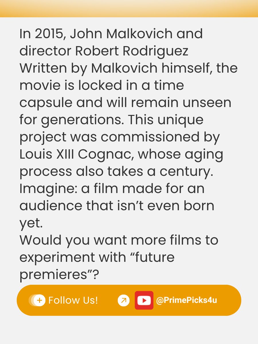 PrimePicks_4u's tweet photo. In 2015, John Malkovich and director Robert Rodriguez created 100 Years, a science fiction film that won’t hit theaters until November 18, 2115 — exactly 100 years after it was made.
#100YearsMovie #JohnMalkovich #RobertRodriguez #SciFiFilm #FutureCinema #MovieNews #PrimePicks https://t.co/ap2g1Lk7Cl