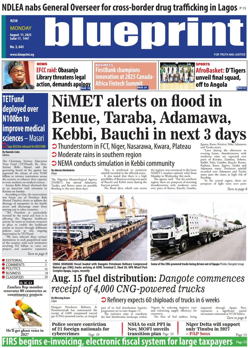 Blueprint_ng's tweet photo. MAJOR HEADLINES- 11/08/2025

#APC #SWAGA #INEC #zenithbankoftheyear #Waec #Nimet https://t.co/KOfvvh48N5