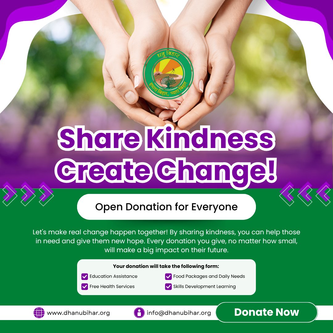 💛 Share Kindness, Create Change! 🌍

📍 Donate Now: dhanubihar.org

📧 Contact: info@dhanubihar.org

#DhanuBiharTrust #ShareKindnessCreateChange #OpenDonation #GiveHope #SupportCommunities #BeTheChange #KindnessMatters