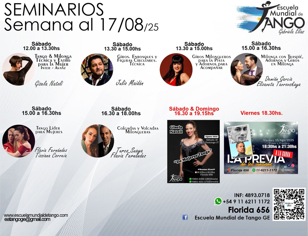 ✨SEMINARIOS PRESENCIALES + PRÁCTICA ✨Semana 1️⃣1️⃣ 𝐚𝐥 1️⃣7️⃣ 𝐝𝐞 AGOSTO 2️⃣5️⃣
✅HORARIOS: mailchi.mp/4a76959e1a19/c…
📭 𝐅𝐥𝐨𝐫𝐢𝐝𝐚 𝟔𝟓𝟔, 1er piso, CABA, 🇦🇷
📱 +54 9 11 6211 1172
☎️ 011- 4893-0718
📧eatangoge@gmail.com
🌐 escuelamundialdetango.com