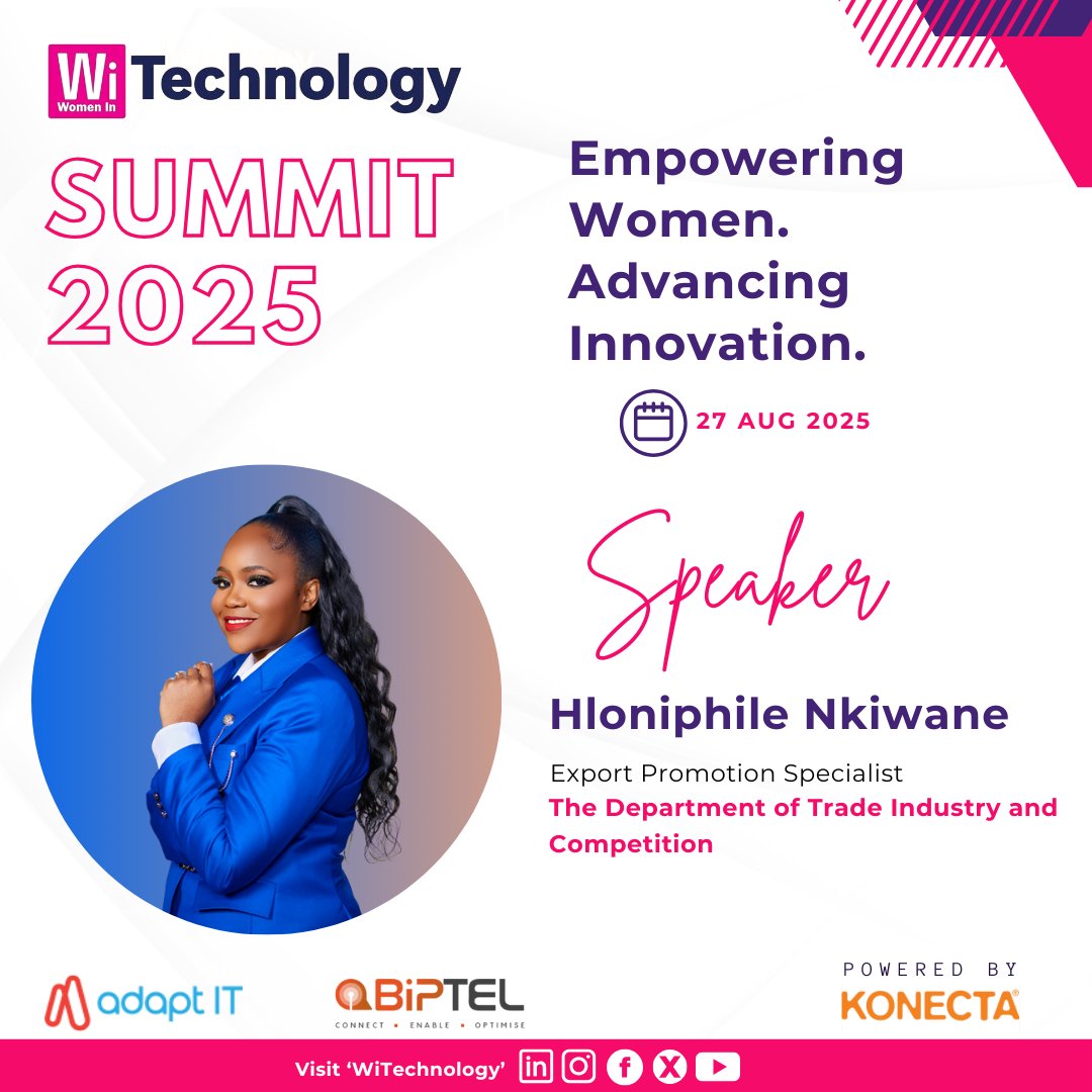 WiTechnology_'s tweet photo. 🚨 Speaker Spotlight! 🚨

Meet Hloniphile Nkiwane, Export Promotion Specialist at DTIC, ready to inspire at #WiTechnology2025! 🌍✨

Join the waitlist &amp; grab your spot now! 🎟 👉 https://t.co/JSBcX6L7AT

#WomenInTech #SheLeadsTech #WomensMonth #AfricaTech https://t.co/77h9OPWnwK