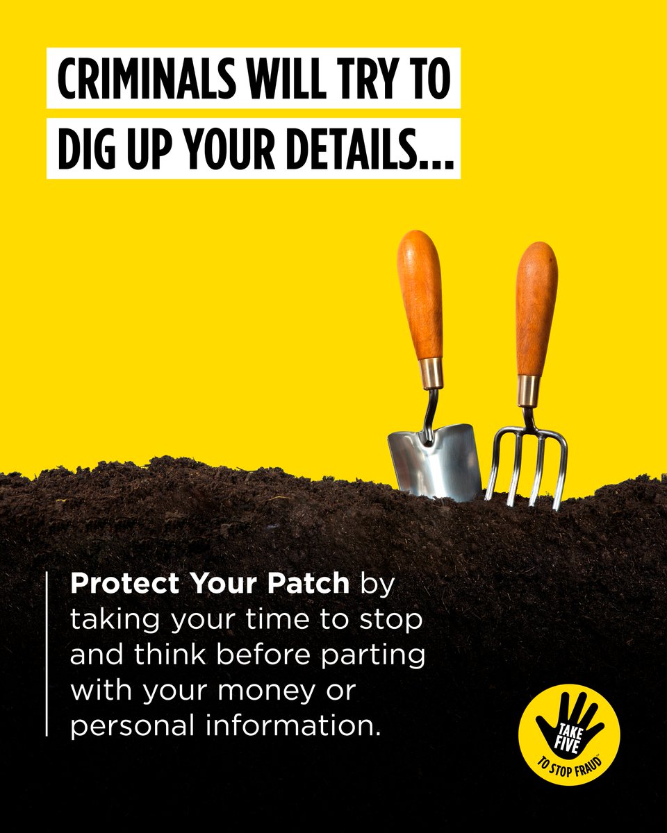 When it comes to protecting your money and information, do you know how to Protect Your Patch?

Learn more about how to keep your money and personal  information safe and Protect Your Patch on <a href="/TakeFive/">Take Five</a>'s website: takefive-stopfraud.org.uk/protect-your-p… ✋☝️👊