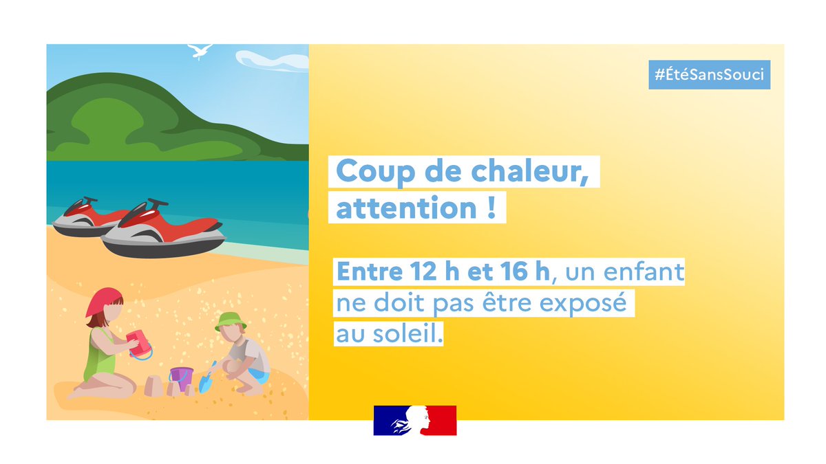 Prefet14's tweet photo. 🌡️ Avec la hausse des températures, vous serez nombreux à vous rendre à la plage ou à la piscine avec vos enfants ⤵️

🧐 Surveillez-les en permanence ! Même en cas de baignade surveillée à la mer ou à la piscine, rien ne vaut votre vigilance : baignez-vous avec eux, ne les quittez pas des yeux, même une minute.

⚠️ Une exposition prolongée au soleil ou à une atmosphère surchauffée multiplie le risque d’insolation ou de coup de chaleur.

🥛Incitez vos enfants à s'hydrater toutes les heures au moins.

🪭 En voiture, emportez de l'eau ainsi qu'un brumisateur pour les rafraîchir.

⚠️ Si malgré toutes vos précautions vous remarquez des symptômes tels que : fièvre, bouche sèche, pouls rapide,  somnolence anormale, hyperexcitabilité, yeux creux et pupilles dilatées, nausées et vomissements… 
Placez-le à l’ombre, rafraîchissez le, faites le boire et mouillez sa peau.

⚠️ Au moindre doute, faites le 15, le 18 (ou le 112).