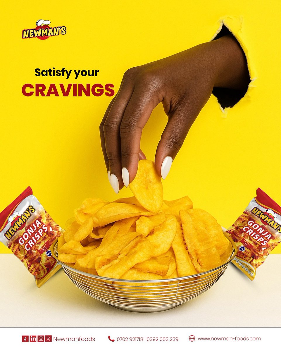 newmanfoodsltd's tweet photo. May your week be as crispy as Monday morning ambition and as sweet as Friday vibes ๐๐. With Newmanโs Gonja Crisps, every day is a snack day. Stay crunchy, Uganda! ๐บ๐ฌ #Newmanssnacks #SnackFullWeek #TastetheMagic #GonjaCrisps #NewmansSnacks #StayCrispy #HappyNewWeek https://t.co/EsmqWSNYIU