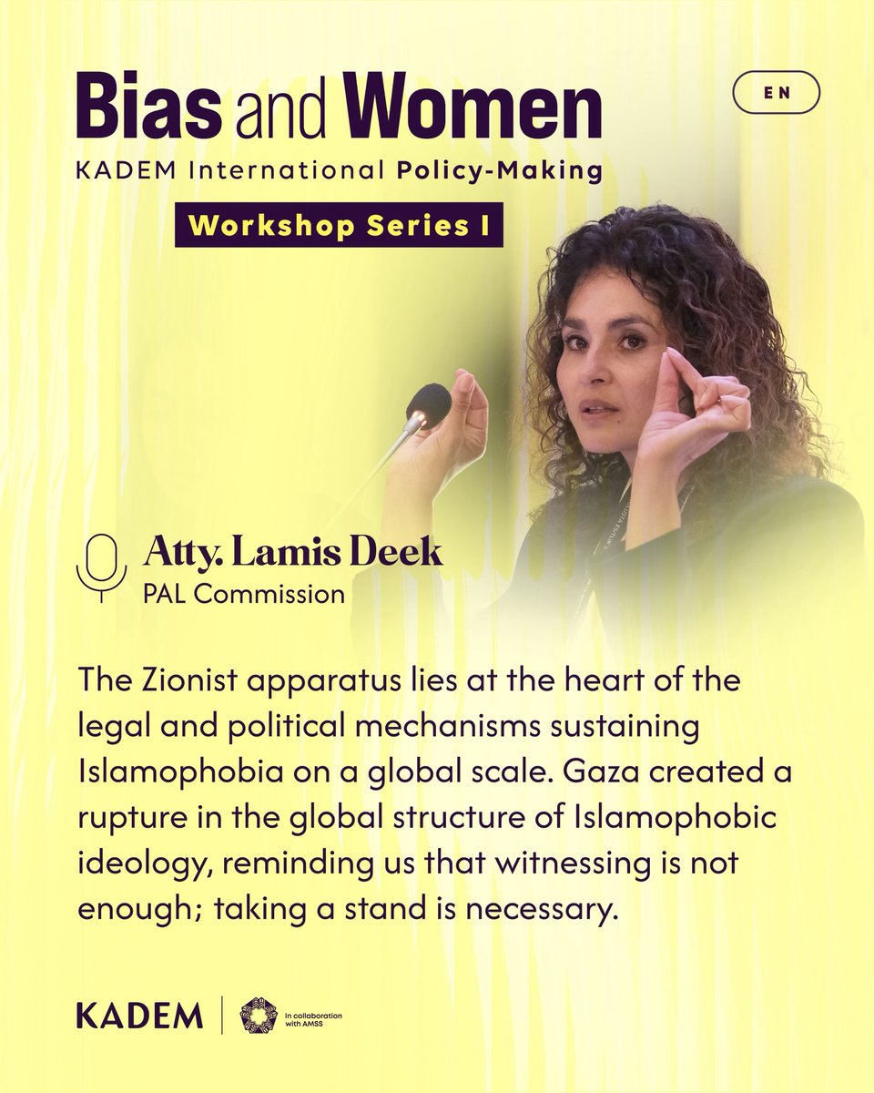 ✍🏻 Önyargı ve Kadın Çalıştayımıza katılan Filistin Kurtuluş Meclisi (PAL) Komisyonu Hukuk ve Diplomatik İşler Direktörü Lamis Deek’in konuşmasından öne çıkanlar…
#BiasandWomen