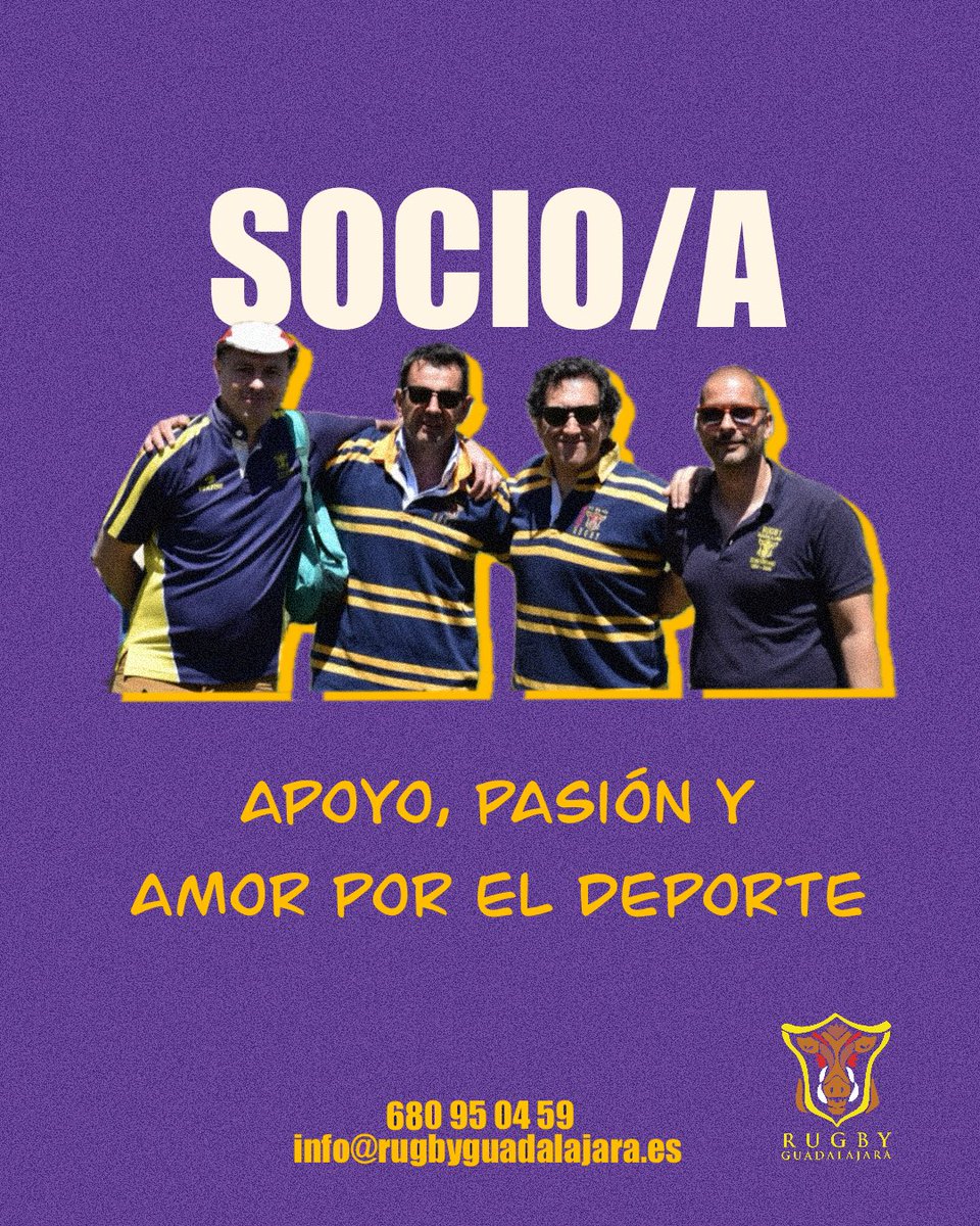 🏉 Únete a la familia del rugby 🏉
En nuestro club no solo jugamos, vivimos el rugby.
Únete al Club de Rugby Guadalajara 
📅 Hazte socio hoy y forma parte de algo más grande que un simple deporte. Apoya, anima, participa… vive el rugby con nosotros. #crg #rugbyguada 
💜💛💜