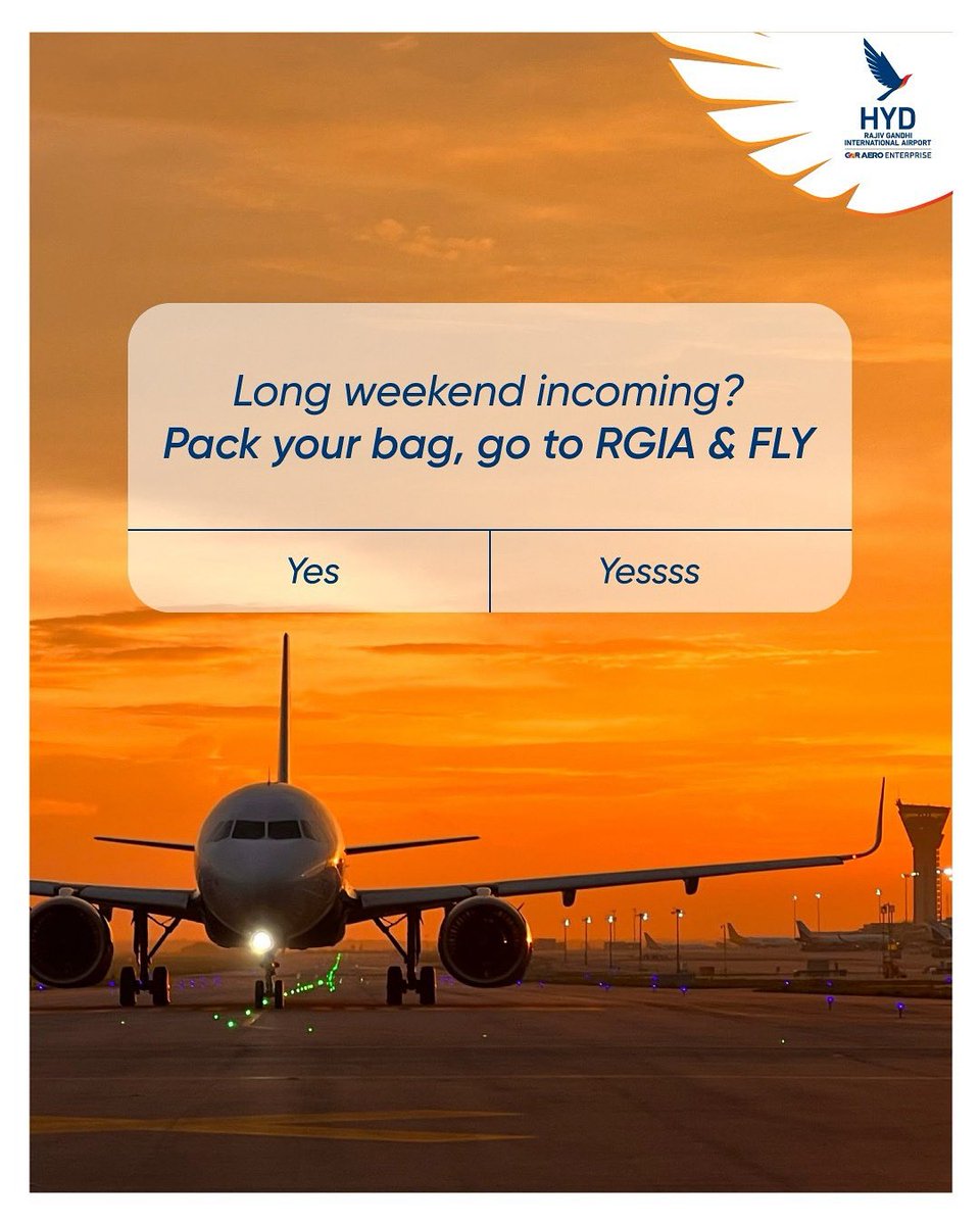RGIAHyd's tweet photo. It’s the perfect time to pack your bags and catch a flight. 
Whether it’s a relaxing getaway or an adventurous escape, now is the time to do so! 
 
Your weekend getaway is just a flight away!

#LongWeekend #GetawayMode #TravelWithEase #FlyFromRGIA #WeekendAdventures #ExploreTheWorld #FlyHigh #TravelGoals #RGIA

[ Long weekend, Independence Day, Fly from RGIA, Book flights, Weekend getaway, Travel plans, Smooth journey, Explore new places, Travel destinations, Celebrate freedom, Independence Day weekend, Hassle-free travel ]