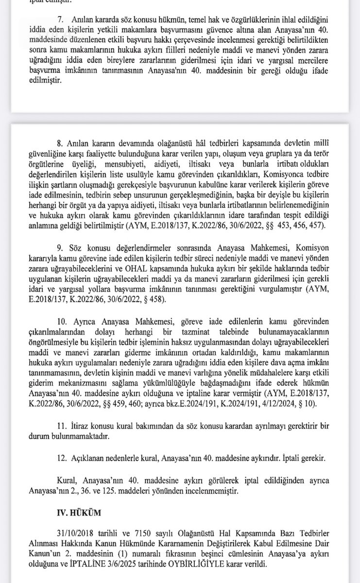 AYM’den Gecikmiş ama çok Önemli Bir Karar Daha!

AYM, OHAL KHK’sına dayanılarak 
kamu görevinden çıkarıldıktan sonra görevine iade edilen kişilerin kamu görevinden çıkarılmaları nedeniyle uğradıkları zararı tazmin edemeyeceklerine ilişkin hükmü iptal etti. 

Karar bugün Resmi