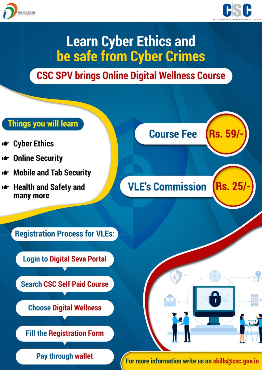 CSCegov_'s tweet image. Learn Cyber Ethics and be safe from Cyber Crimes - CSC SPV brings an Online Digital Wellness Course...
Course Fee ₹59/-
To register, visit the Digital Seva Portal (digitalseva.csc.gov.in) or the nearest #CSC Centre.
#CSCAcademy #SoftSkills #DigitalIndia…