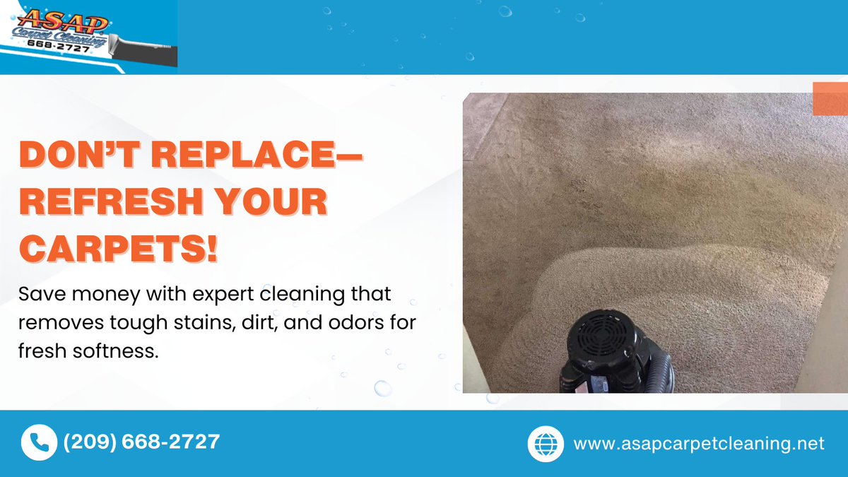 Carpets looking tired &amp; dull? 😩

We remove deep dirt, eliminate odors, and tackle tough stains for a cozy carpet! 🧼✨

Book your service now!

📞 (209) 668-2727
🌐 asapcarpetcleaning.net/carpet-cleanin…

#ASAPCarpetCleaning #SpotlessCarpet #ExpertCare