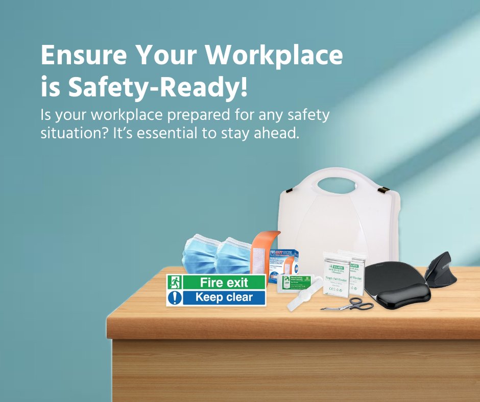 🚨 Ensure Your Workplace is Safety-Ready with These 3 Must-Haves! 🚨

First Aid Kit: Refresh with essentials like bandages, cold packs, and CPR masks.
PPE: Keep hand sanitizers, gloves, and other protective gear ready. #WorkplaceSafety #PPE #HealthAndSafety #FirstAid