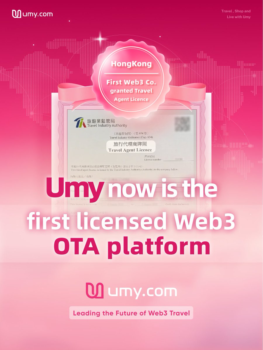 🎉 Big news: Umy is now the first Web3 company to secure a travel agent licence!

This isn’t just a certificate — it’s the key to breaking down the boundaries between the virtual and the real.
Within the familiar travel experience, we’ve woven in #Web3 magic — where every smooth