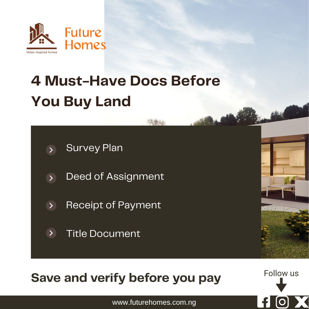 futurehomeslop's tweet photo. 4 Must-Have Documents Before You Buy Land
1️⃣ Survey Plan
2️⃣ Deed of Assignment
3️⃣ Receipt of Payment
4️⃣ Title Document
Your investment’s safety starts with proper documentation.
Save this checklist and verify before you pay!
#FutureHomesLop #LandDocuments #NaijaPropertyChecklist https://t.co/7g0AvOti7s