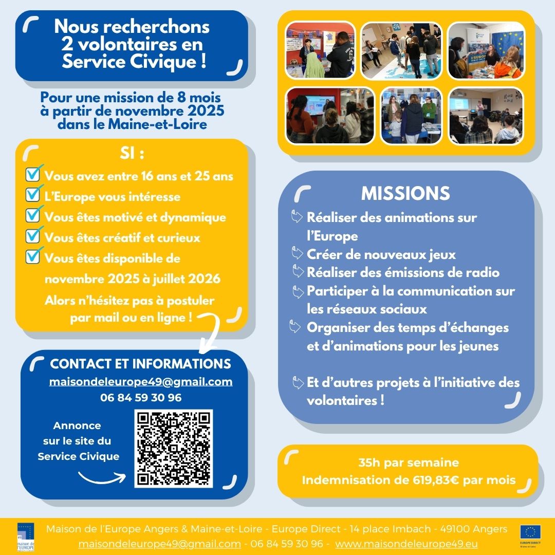 Maison de l'Europe Angers & 49 - Europe Direct (@mde49) on Twitter photo 📣On recherche 2 volontaires en #ServiceCivique pour une mission de 8 mois à partir de novembre à #Angers !
👉Au programme : animation, création de jeux, émissions de radio et organisation d'événements sur l' #Europe entre autres !🤩🇪🇺
➡️Annonce sur : service-civique.gouv.fr/trouver-ma-mis… 📣On recherche 2 volontaires en #ServiceCivique pour une mission de 8 mois à partir de novembre à #Angers !
👉Au programme : animation, création de jeux, émissions de radio et organisation d'événements sur l' #Europe entre autres !🤩🇪🇺
➡️Annonce sur : service-civique.gouv.fr/trouver-ma-mis…