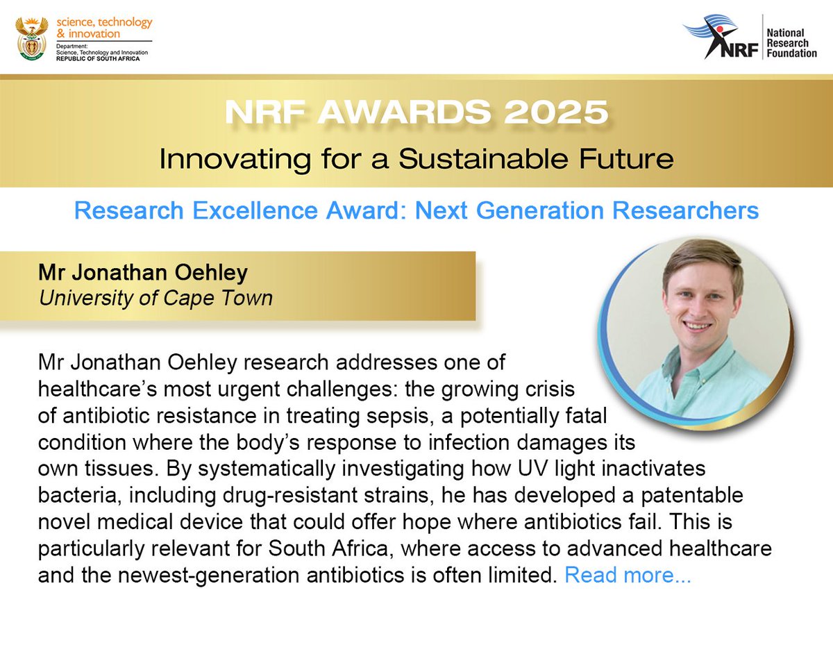 Mr Jonathan Oehley received a #NRFawards2025 Research Excellence Award for Next Generation Researchers in recognition of outstanding academic performance by a final-year doctoral student. Congratulations, Mr Oehley.

Read more here: nrf.ac.za/2025-nrf-award…